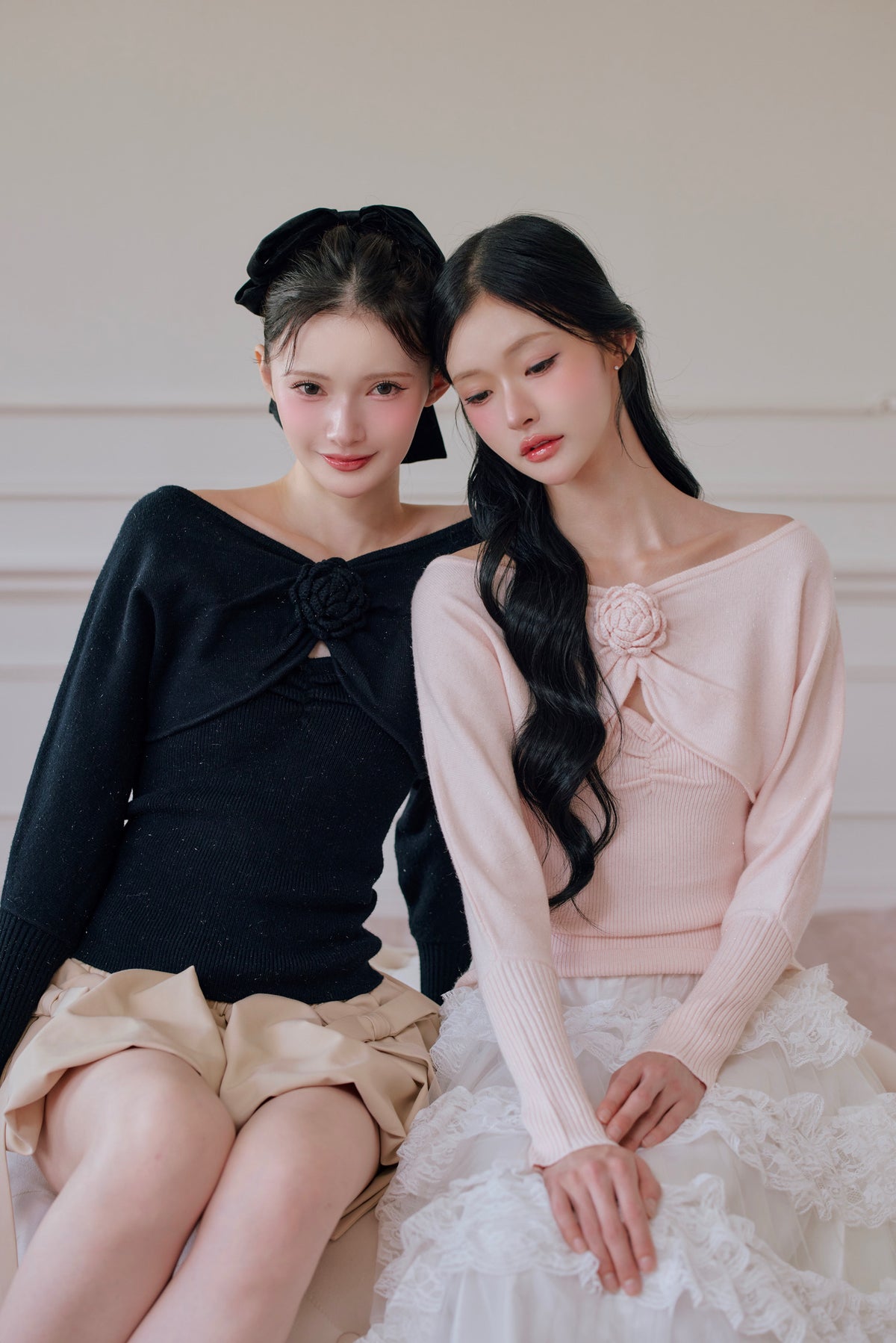 rose motif lame knit ensemble