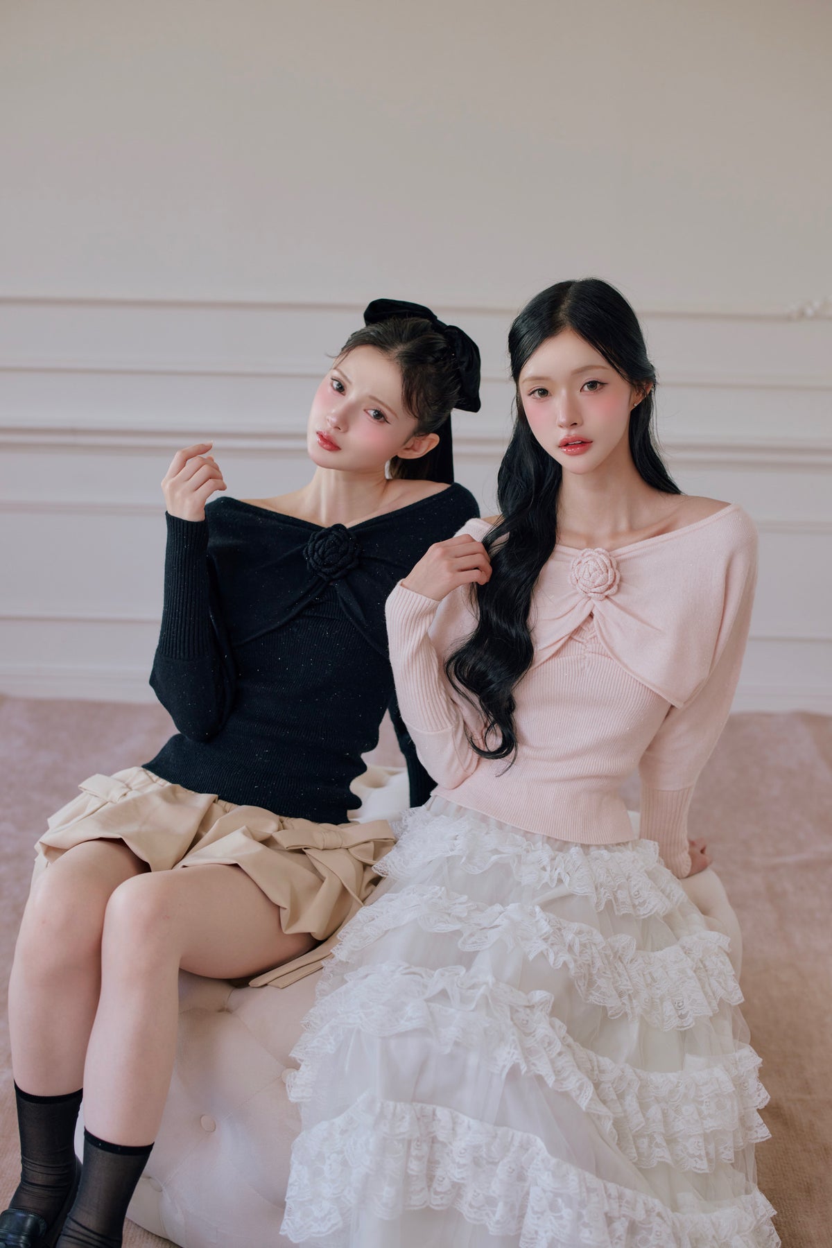 rose motif lame knit ensemble