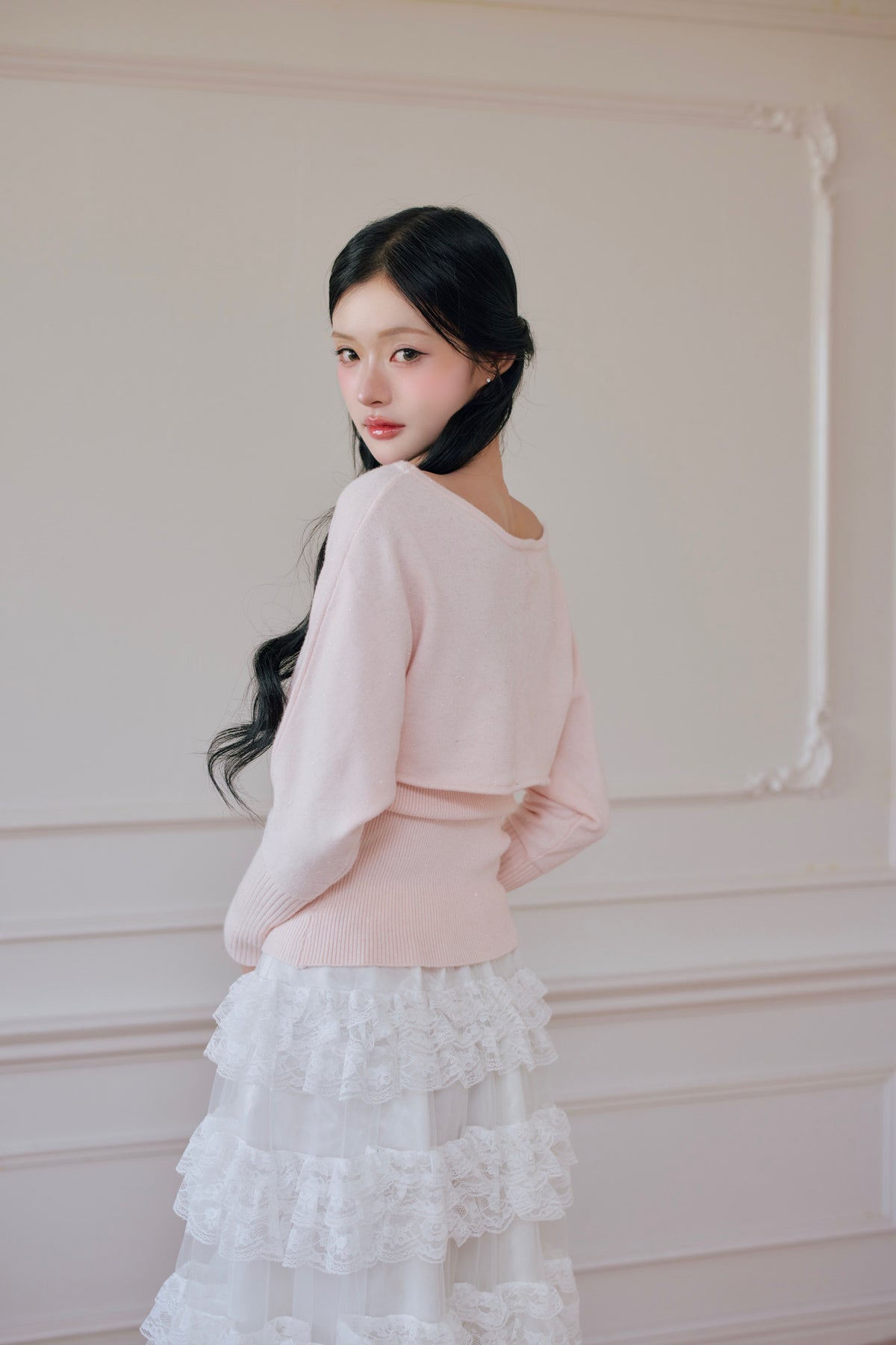 rose motif lame knit ensemble