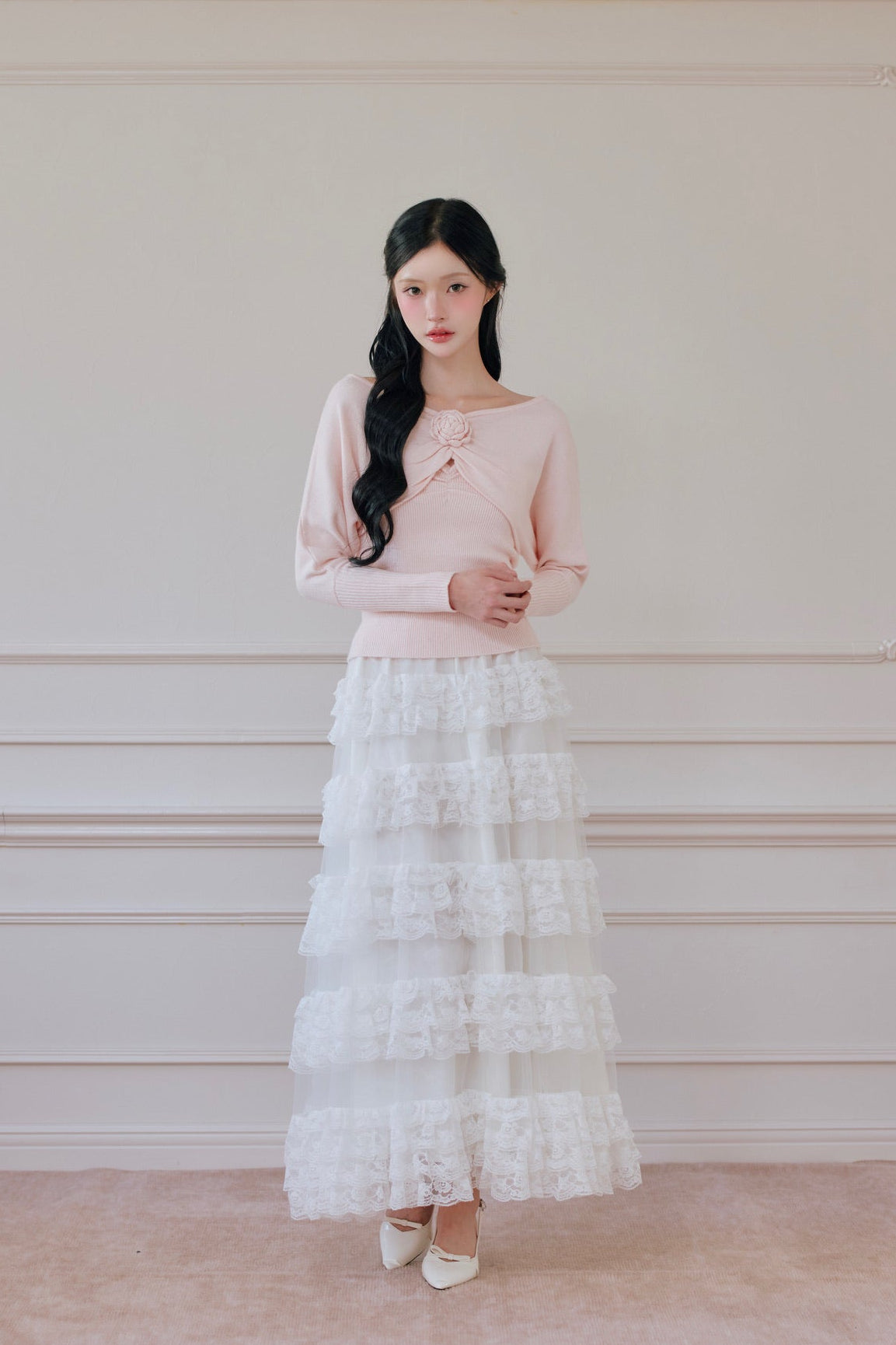 rose motif lame knit ensemble