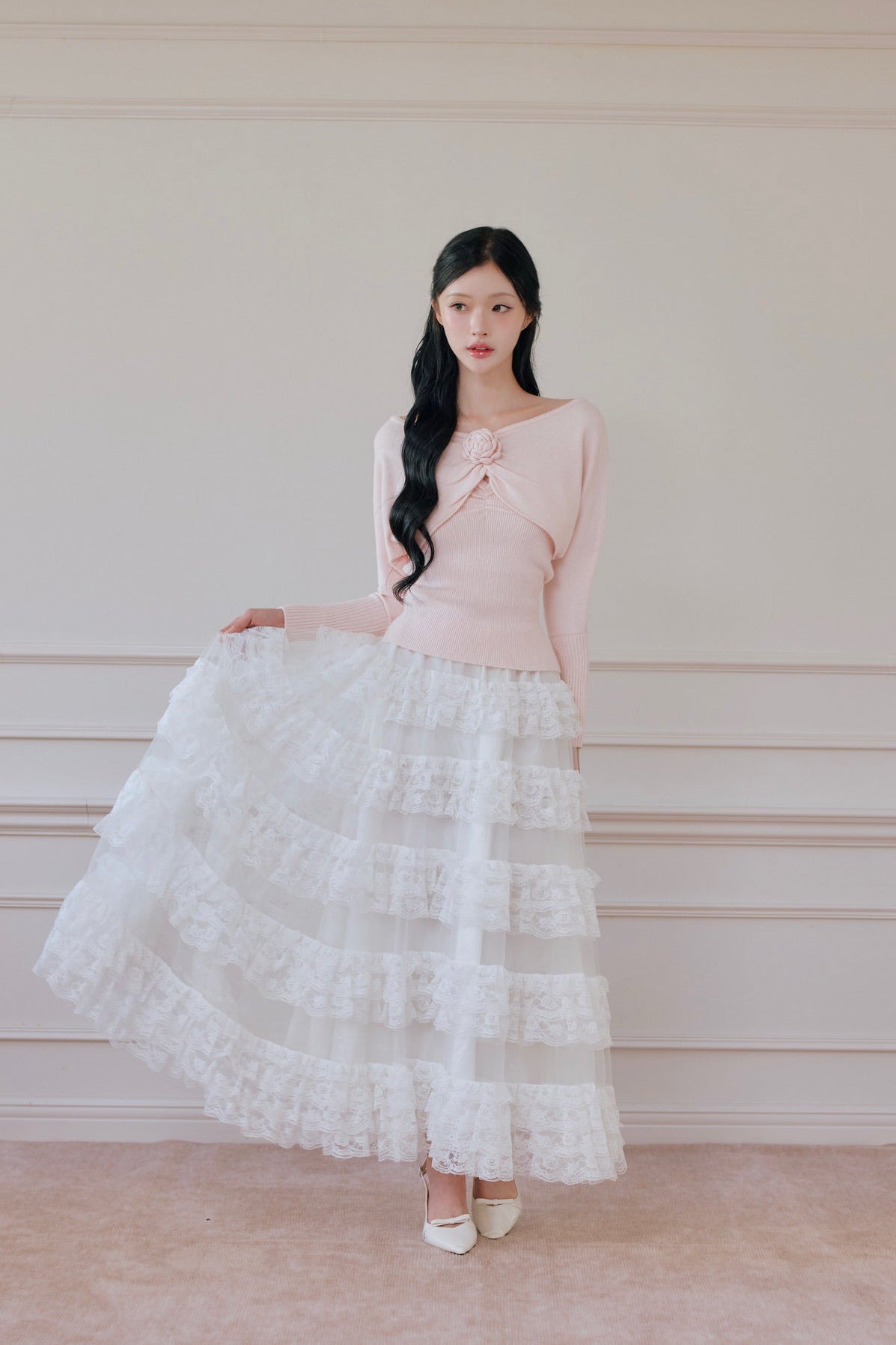 rose motif lame knit ensemble