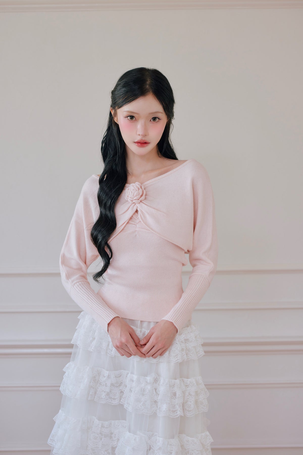 rose motif lame knit ensemble