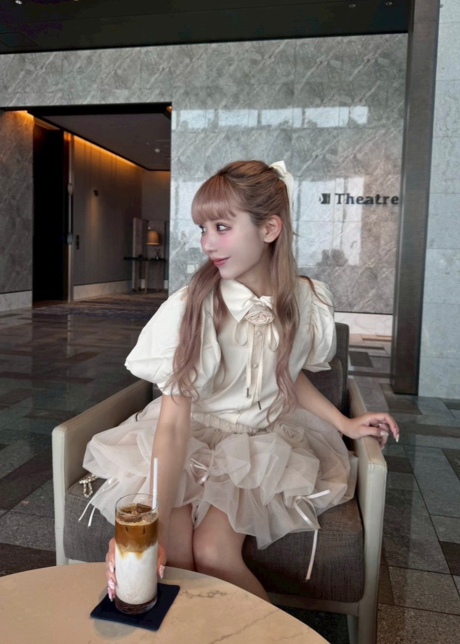 Rose choker satin puff blouse(pink)