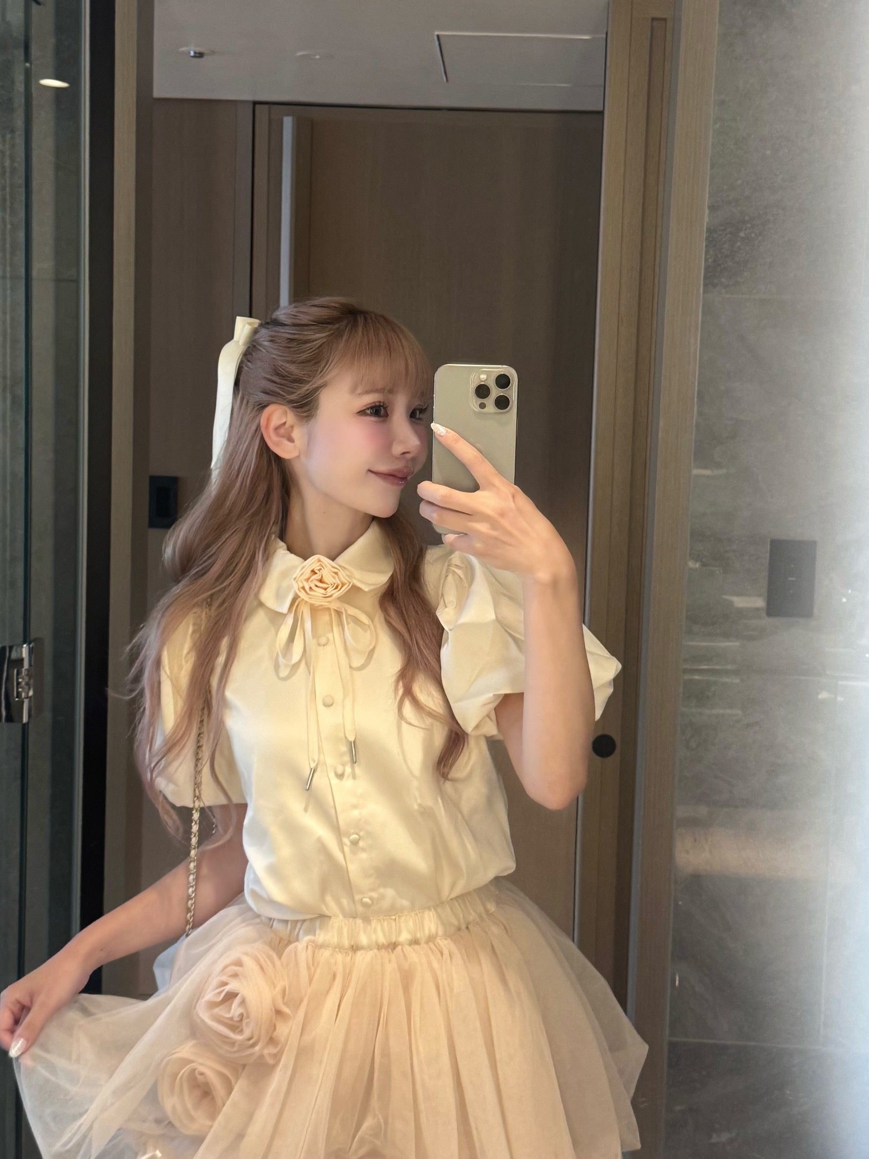 Rose choker satin puff blouse(pink)