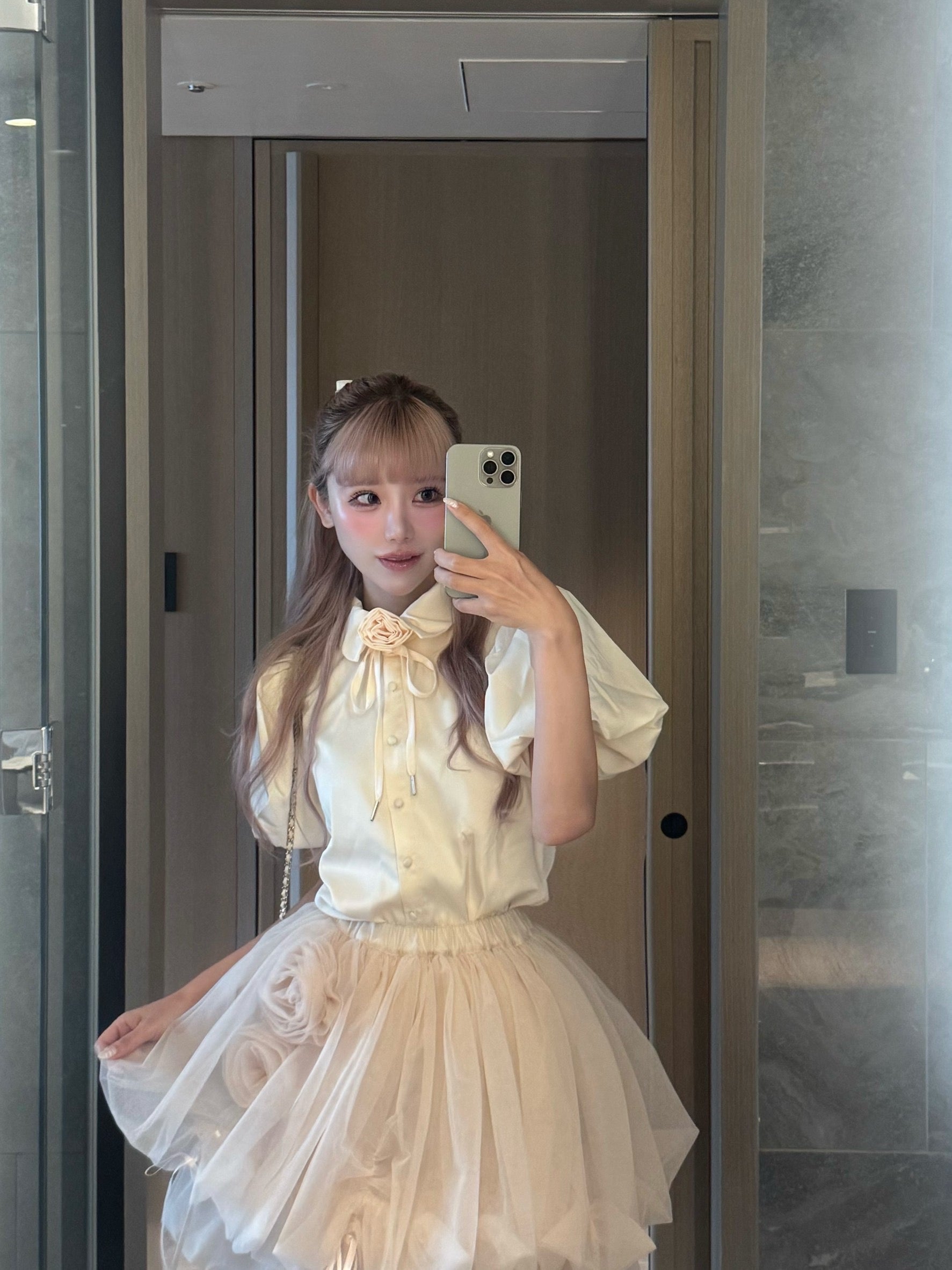 Rose choker satin puff blouse(pink)