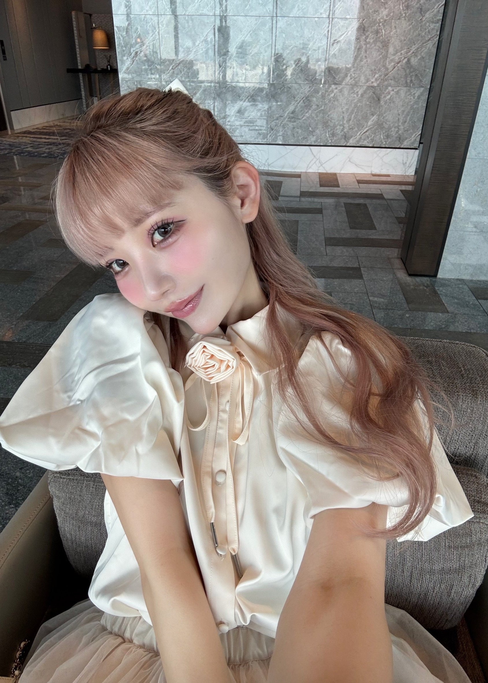 Rose choker satin puff blouse(pink)