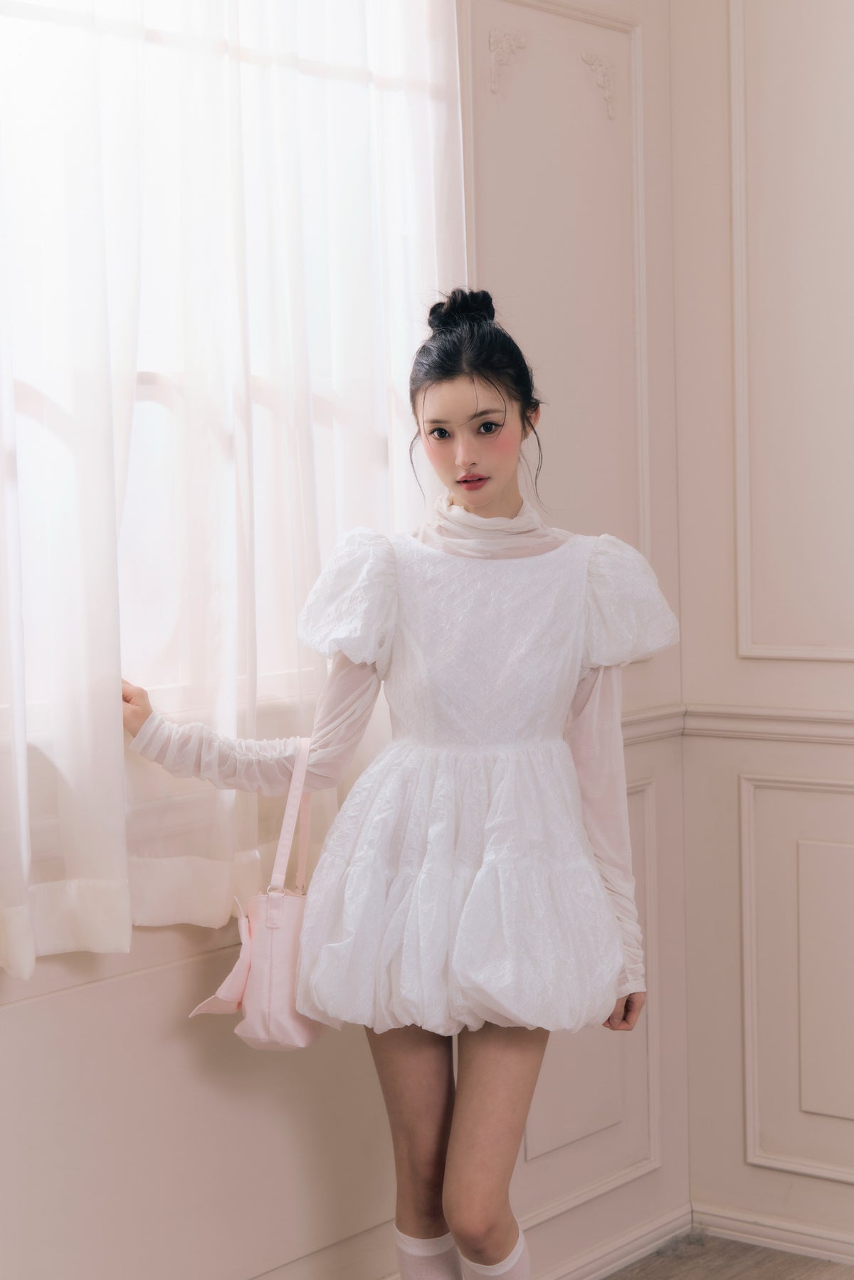 Flower petal jacquard balloon one-piece