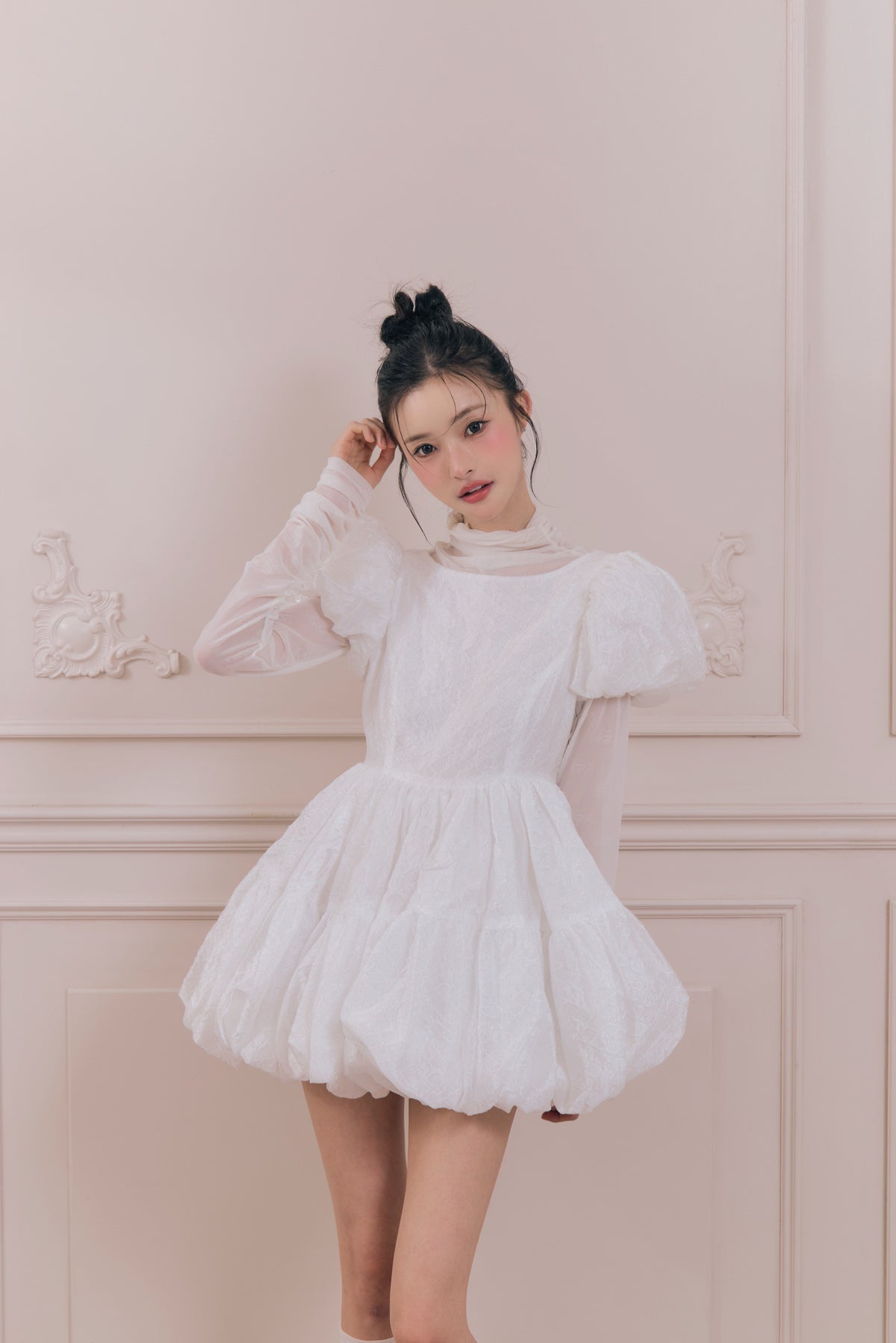 Flower petal jacquard balloon one-piece