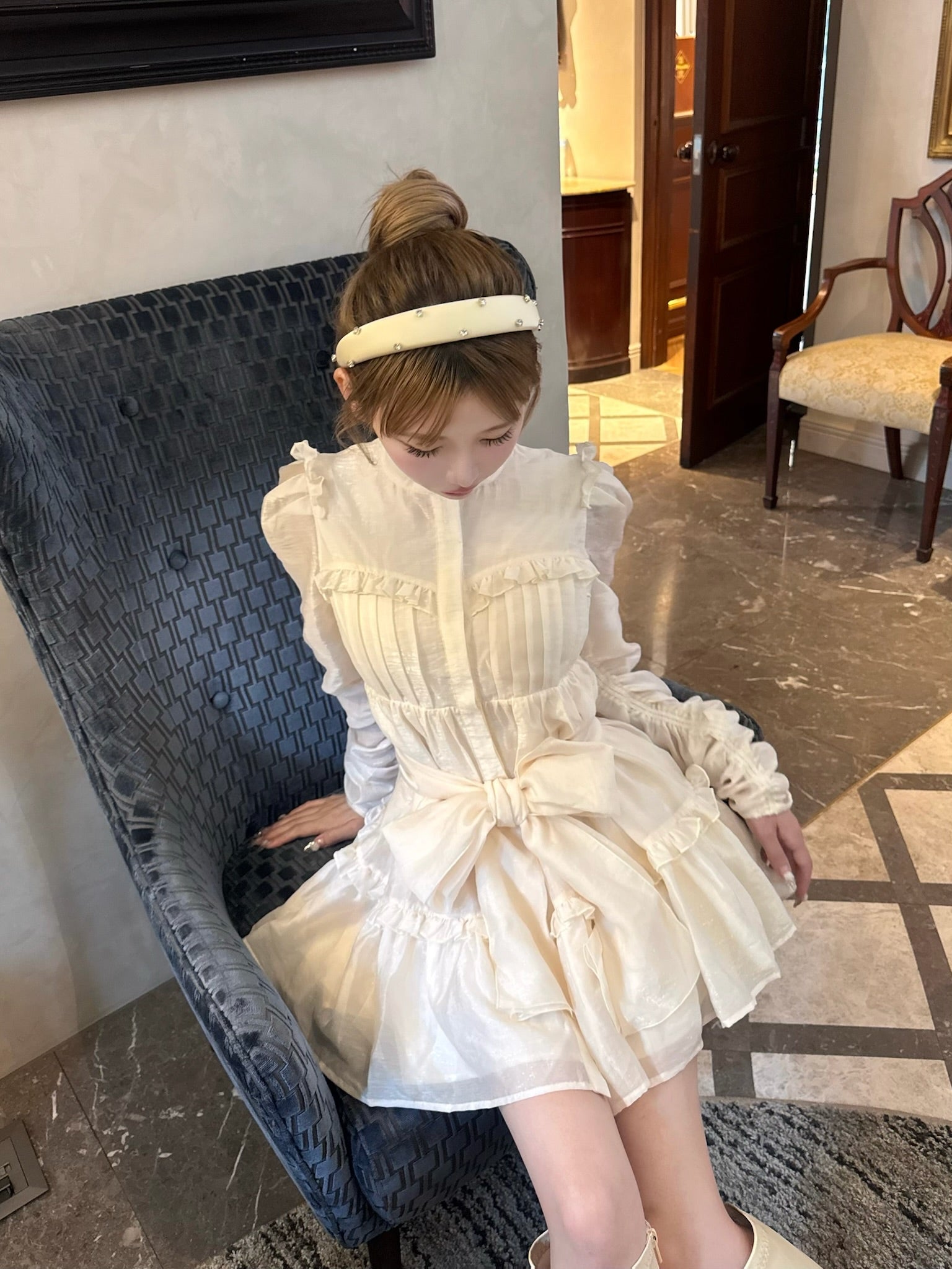 Sheer ribbon frill one-piece