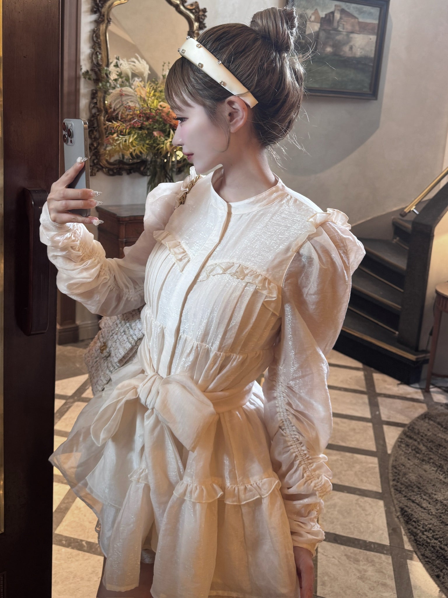 Sheer ribbon frill one-piece