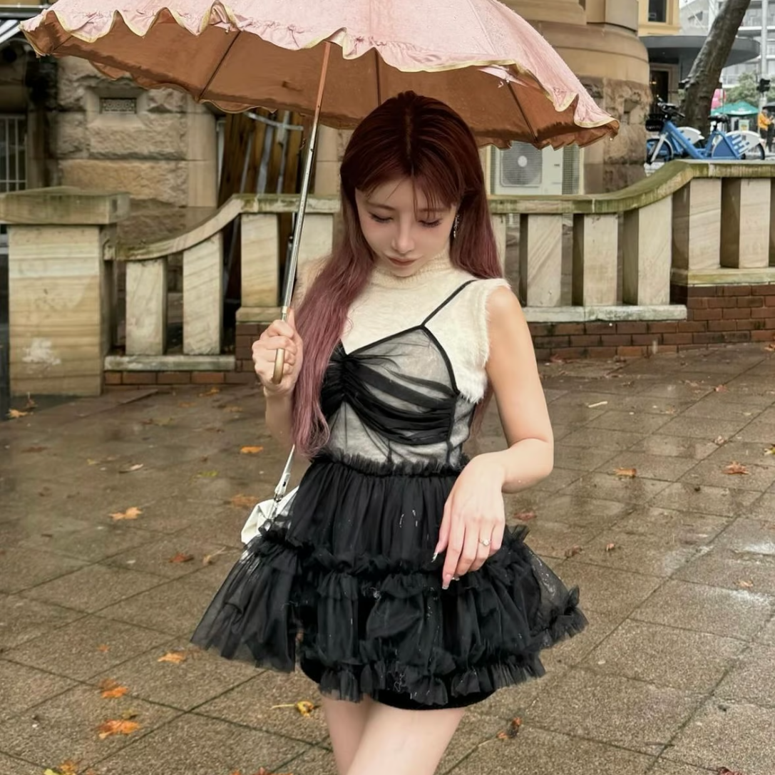 "Ballerina" fairy tulle peplum tops(black)