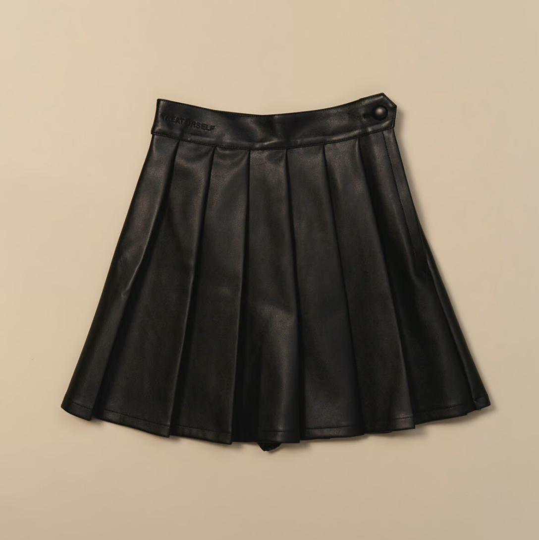 “mannish” leather mini skirt