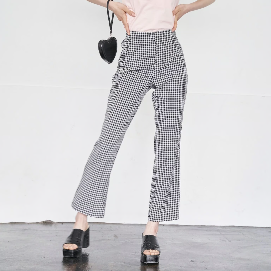 gingham check stretch pants(black)