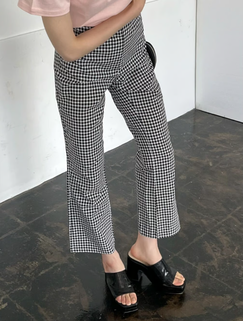 gingham check stretch pants(black)