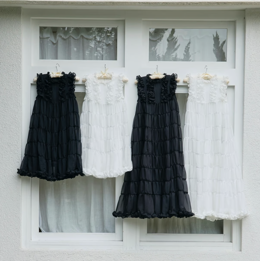 Sheer frill tiered dress (black)