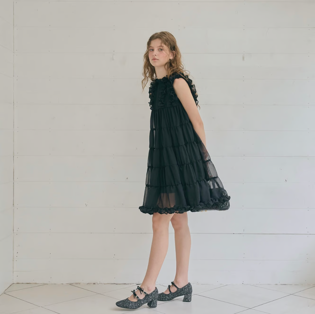 Sheer frill tiered dress (black)