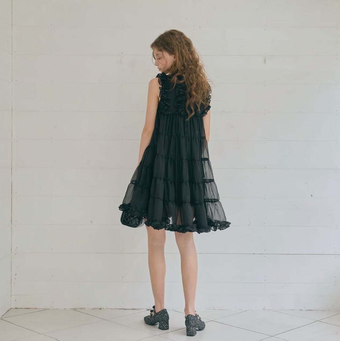 Sheer frill tiered dress (black)