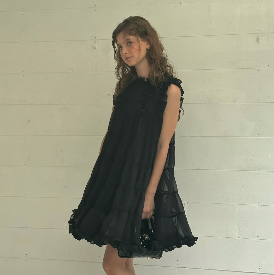 Sheer frill tiered dress (black)