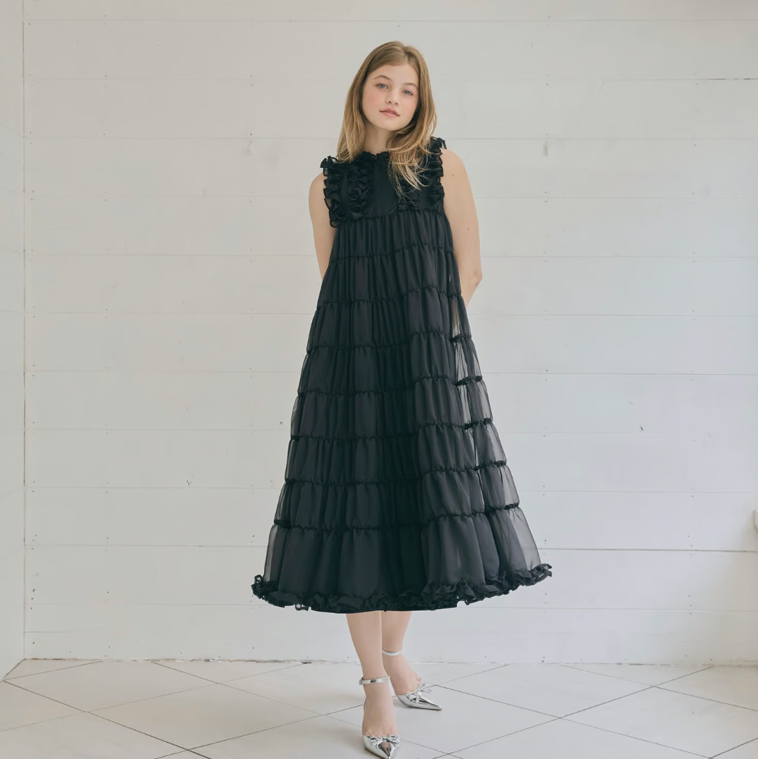 Sheer frill tiered dress (black)