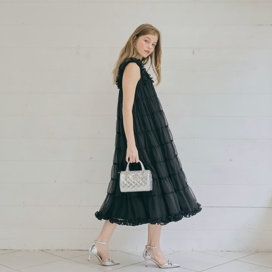 Sheer frill tiered dress (black)