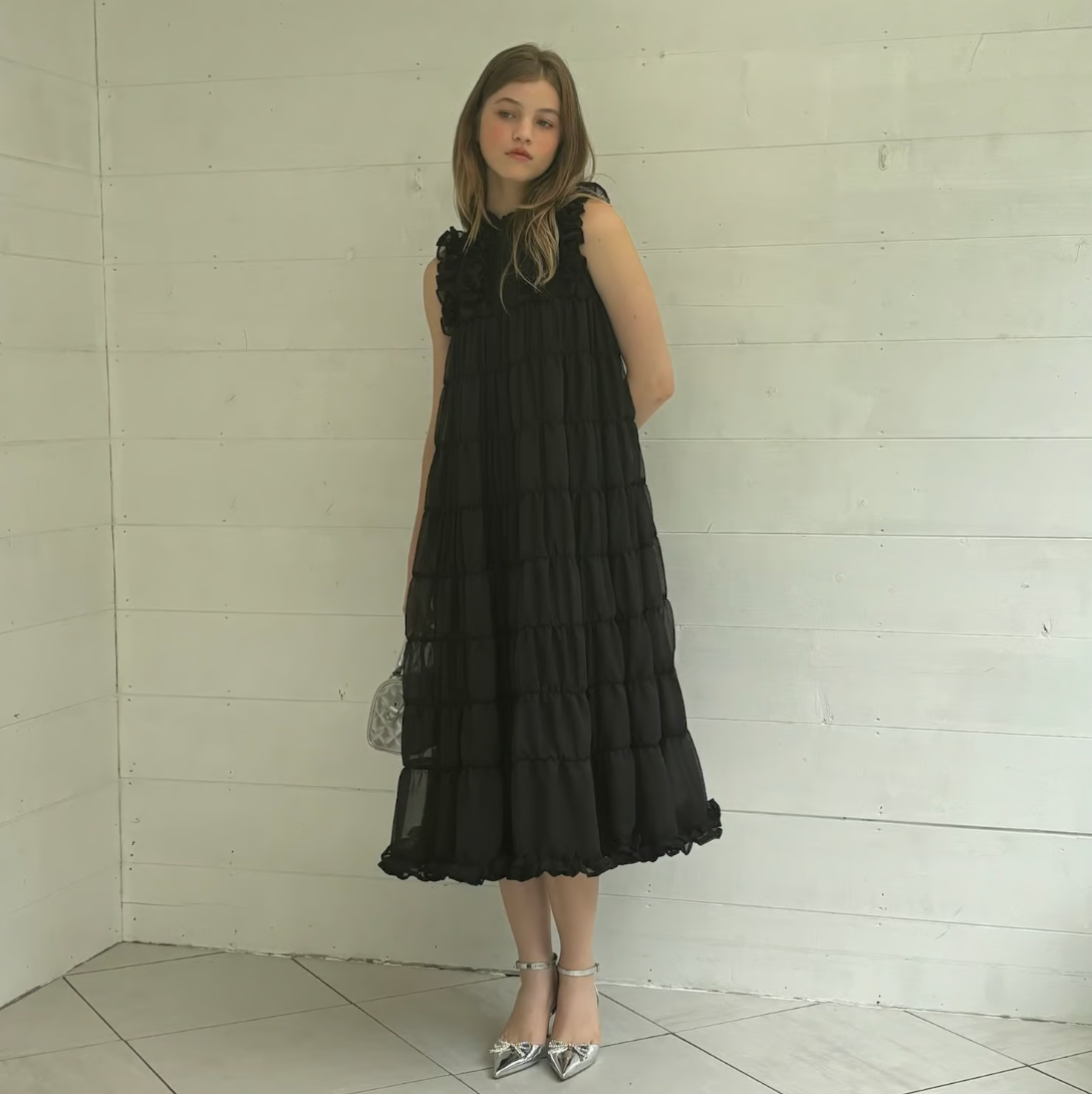 Sheer frill tiered dress (black)