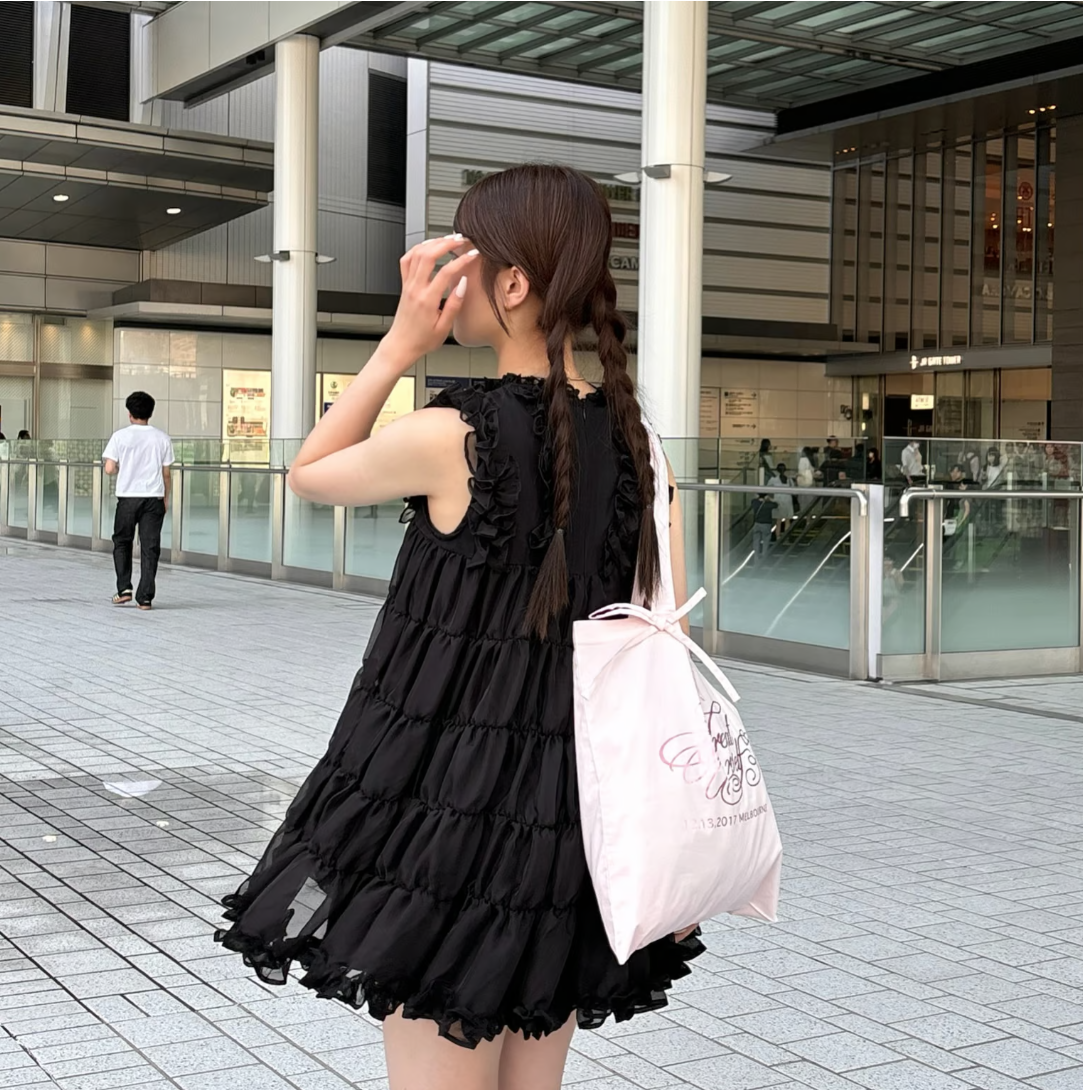 Sheer frill tiered dress (black)