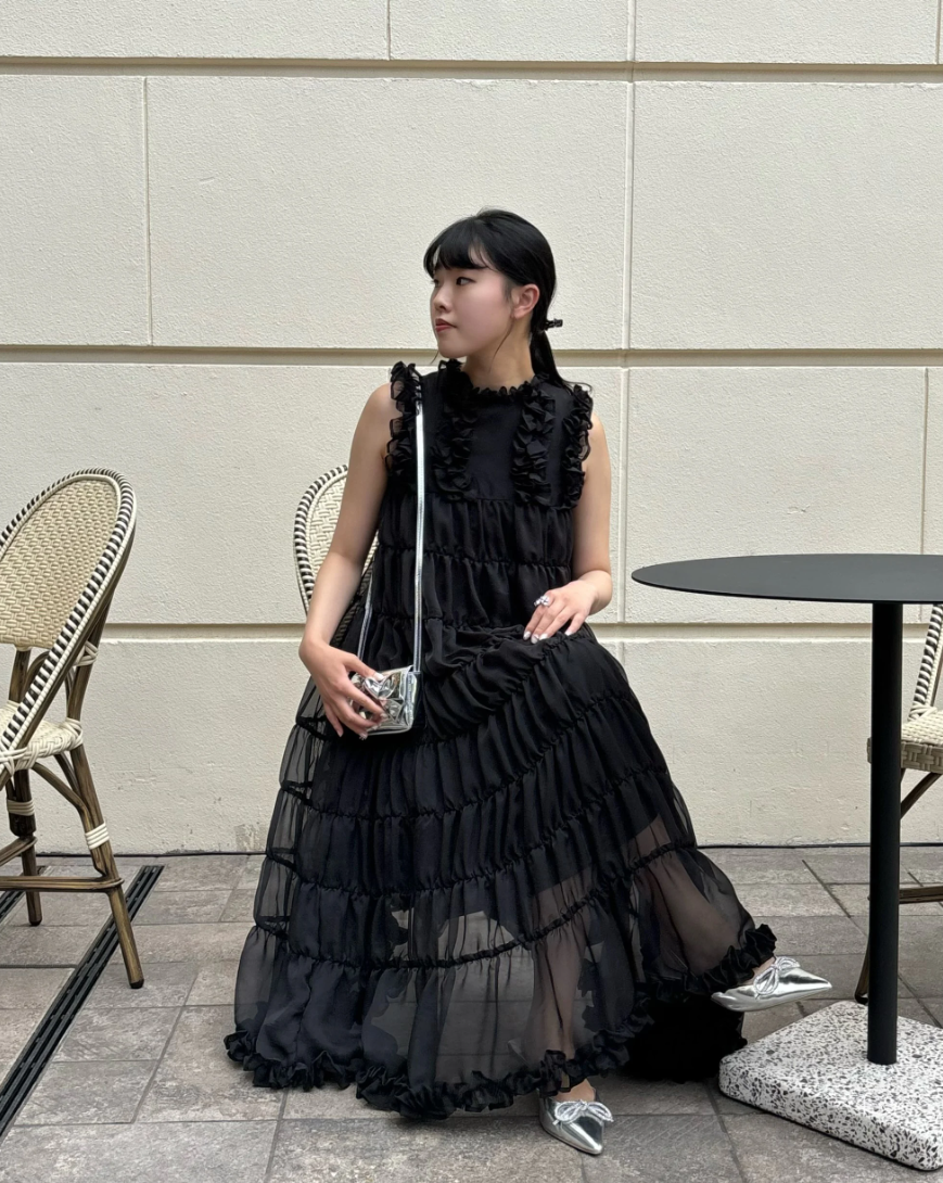 Sheer frill tiered dress (black)